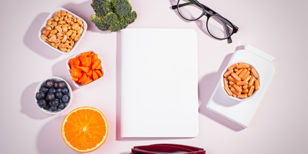 A flat lay featuring a notebook, glasses, peanuts, carrots, blueberries, broccoli, orange slices, and a container of orange capsules on a pink background.
