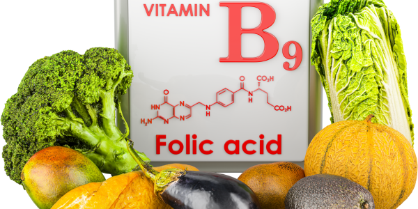 Vitamin B9 (Folic Acid) sign with molecular structure, surrounded by folate-rich foods like broccoli, cabbage, eggplant, and fruits.