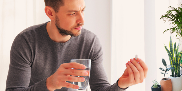 Man sitting indoors holding a glass of water in one hand and a white capsule in the other, looking thoughtfully at the pill.