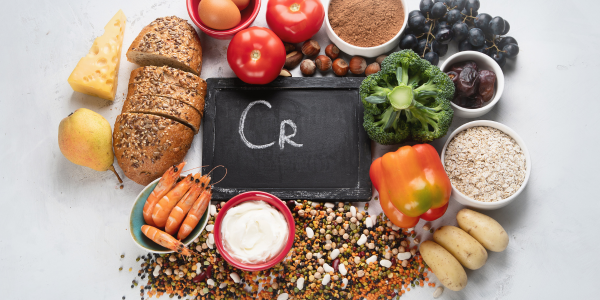 Assorted chromium-rich foods arranged around a chalkboard marked “Cr.”
