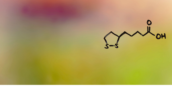 Alpha lipoic acid molecule structure over a soft-focus background.
