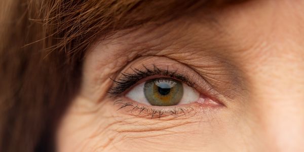 A close up of a woman's green eye. 