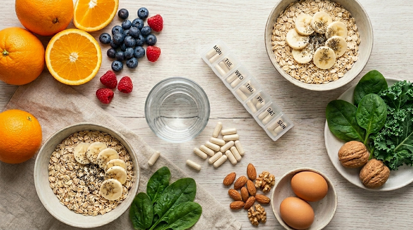 Top-down flat lay of a healthy breakfast setup with oranges, berries, oatmeal bowls, leafy greens, nuts, eggs, water, capsules, and a weekly pill organizer on a light wooden table.