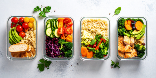 Four meal-prep containers filled with colorful vegetables, grains, avocado, bread, and chicken.