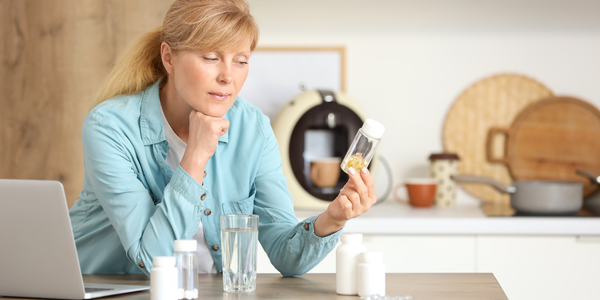 Woman sitting at a kitchen table, examining a bottle of pills with a glass of water and other medication nearby.