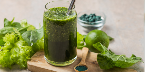 Green smoothie with spirulina in a glass, surrounded by fresh spinach, lettuce, lime, and a wooden spoon of spirulina powder.