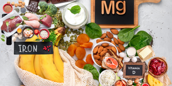 A variety of foods are arranged on a table next to the signs of Iron, Magnesium and Vitamin D