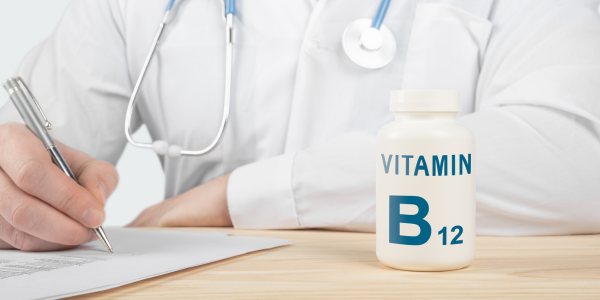 A doctor sitting at a table with a bottle of vitamin B12