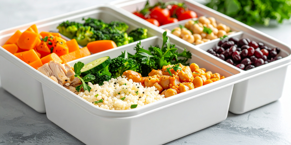 Balanced meal prep containers with vegetables, beans, rice, and protein.