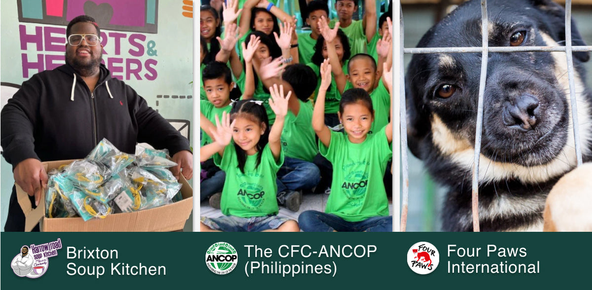 A Collage of photos with people and a dog from different charities.